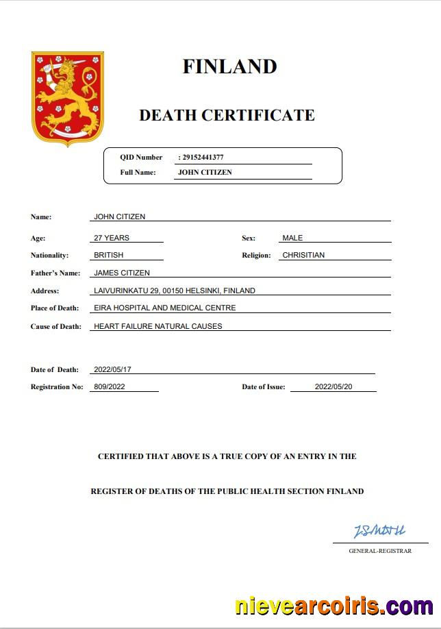 Premium Finland Death Certificate Word And PDF Template