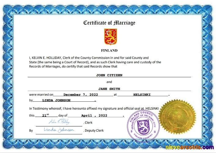 Realistic Finland Marriage Certificate Word And PDF Template