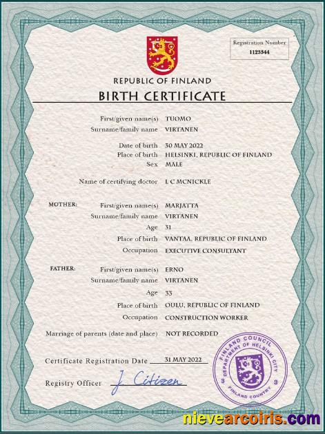 Realistic Finland Vital Record Birth Certificate PSD Template