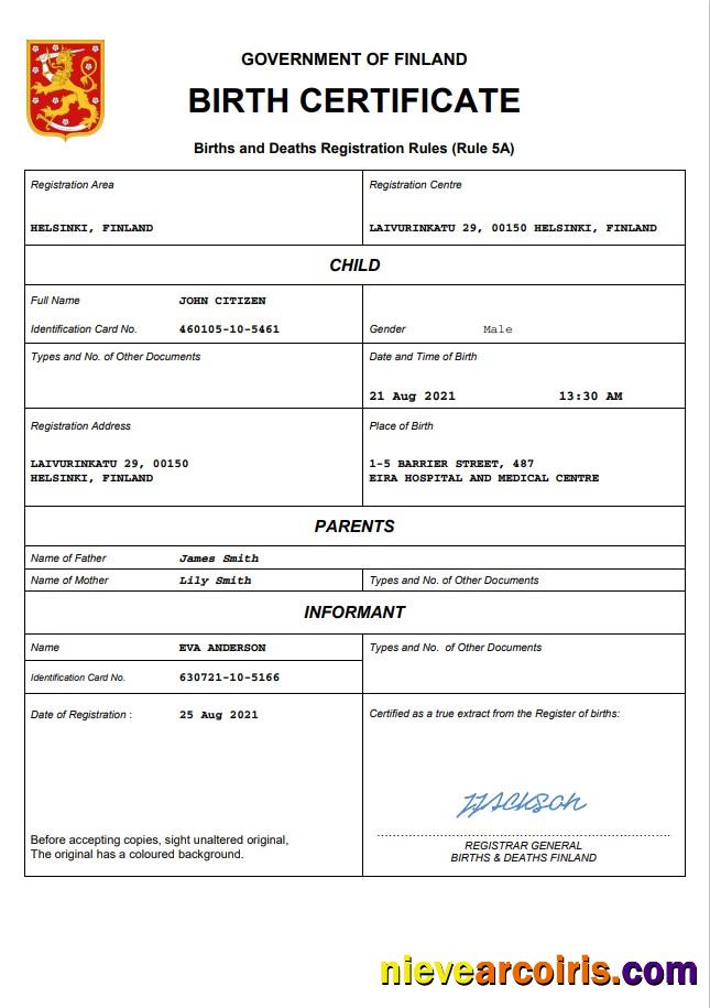 Premium Finland Vital Record Birth Certificate Word And PDF Template
