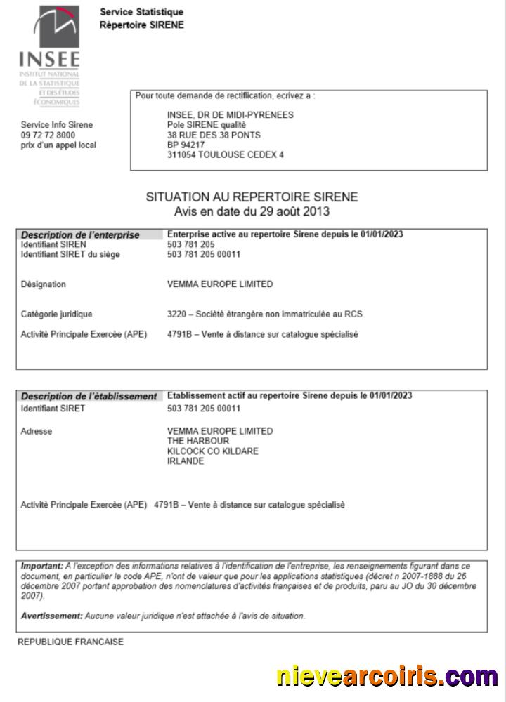 Premium France INSEE Registration Certificate Word And PDF Template