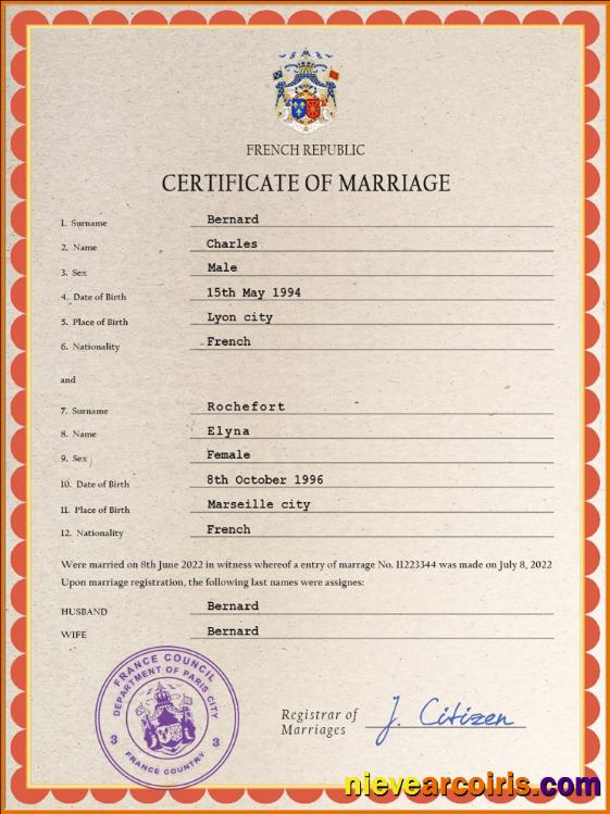 Realistic France Marriage Certificate PSD Template