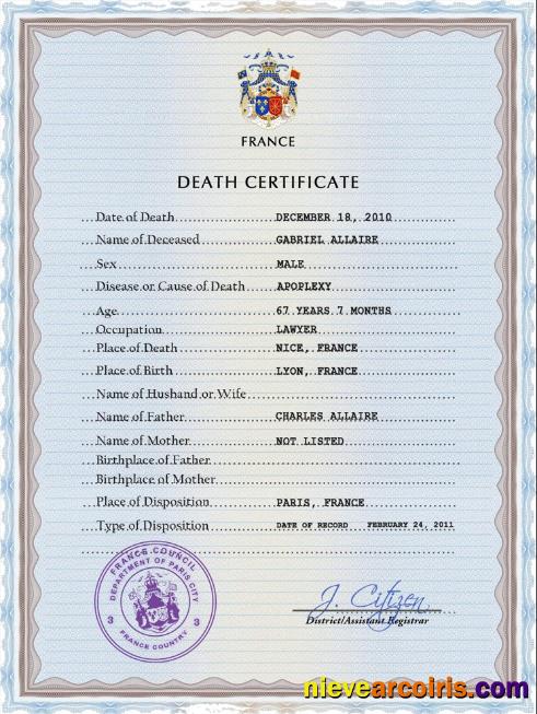 Premium France Vital Record Death Certificate PSD Template