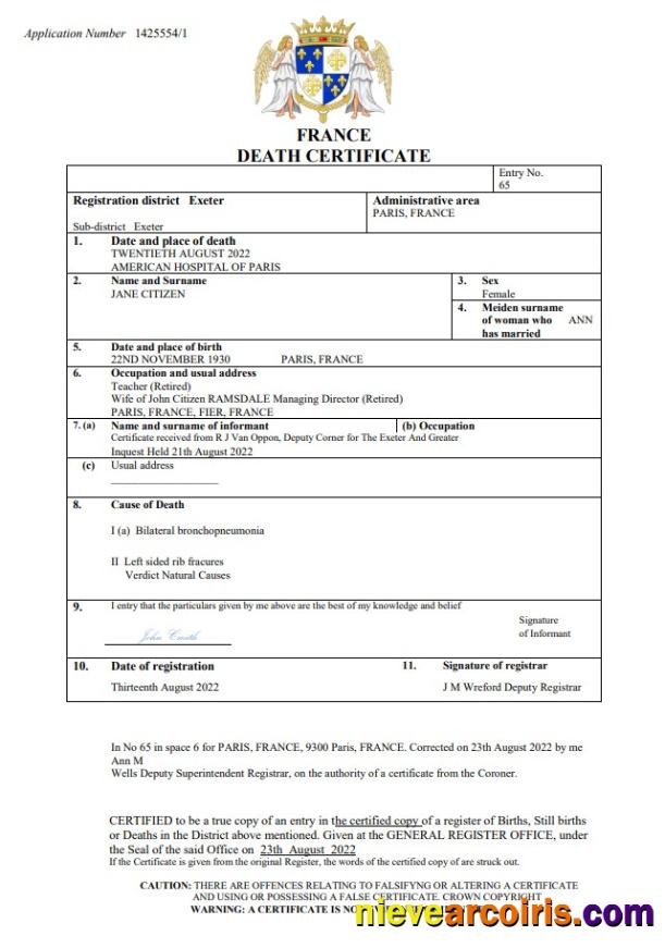 Premium France Vital Record Death Certificate Word And PDF Template