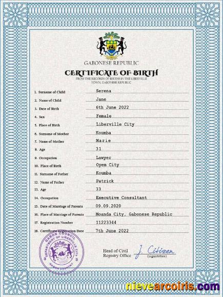 Editable Gabon Birth Certificate PSD Template