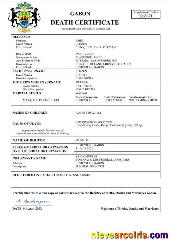 Professional Gabon Death Certificate Word And PDF Template