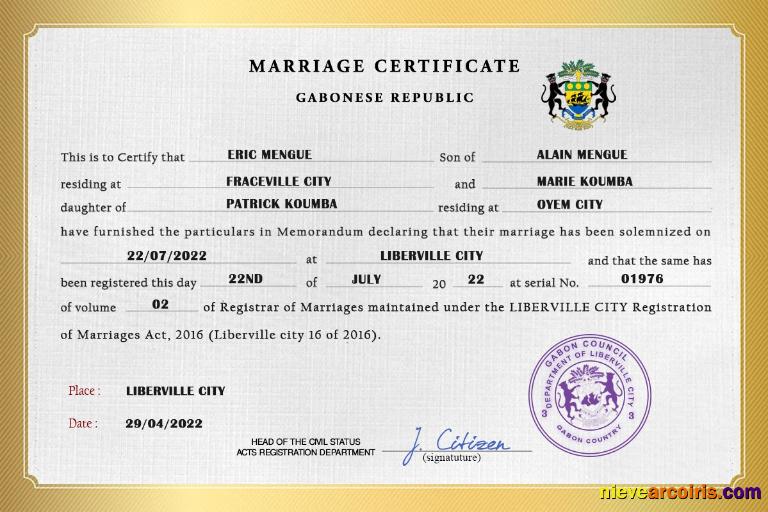 Realistic Gabon Marriage Certificate PSD Template