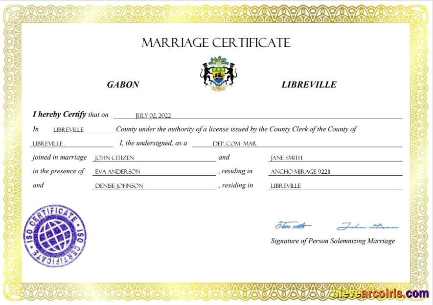 Realistic Gabon Marriage Certificate Word And PDF Template