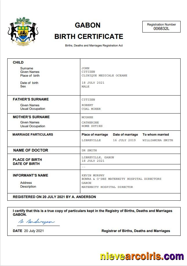 Professional Gabon Vital Record Birth Certificate Word And PDF Template