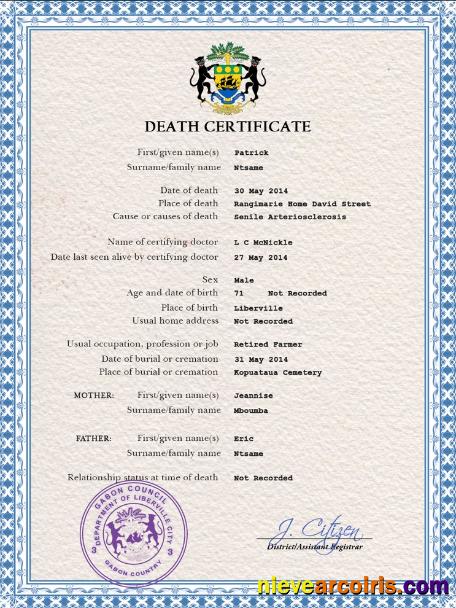 Editable Gabon Vital Record Death Certificate PSD Template