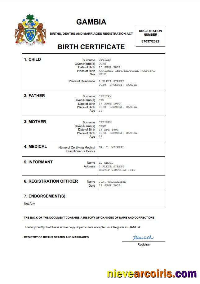 Professional Gambia Birth Certificate Word And PDF Template