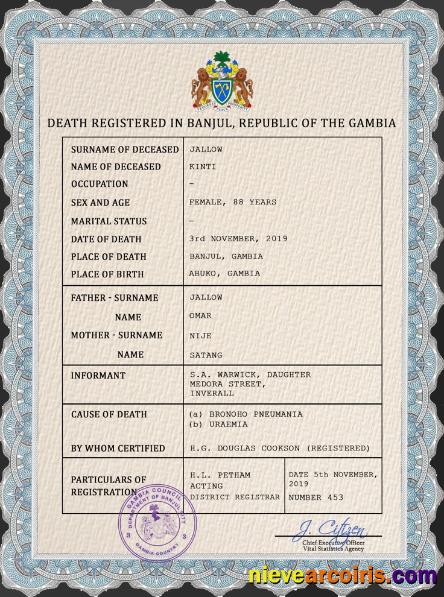 Realistic Gambia Death Certificate PSD Template