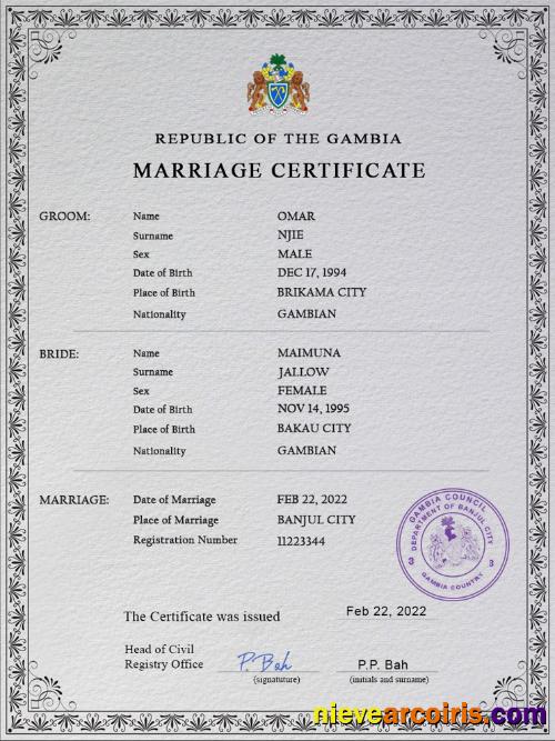 Premium Gambia Marriage Certificate PSD Template