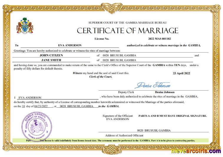 Professional Gambia Marriage Certificate Word And PDF Template