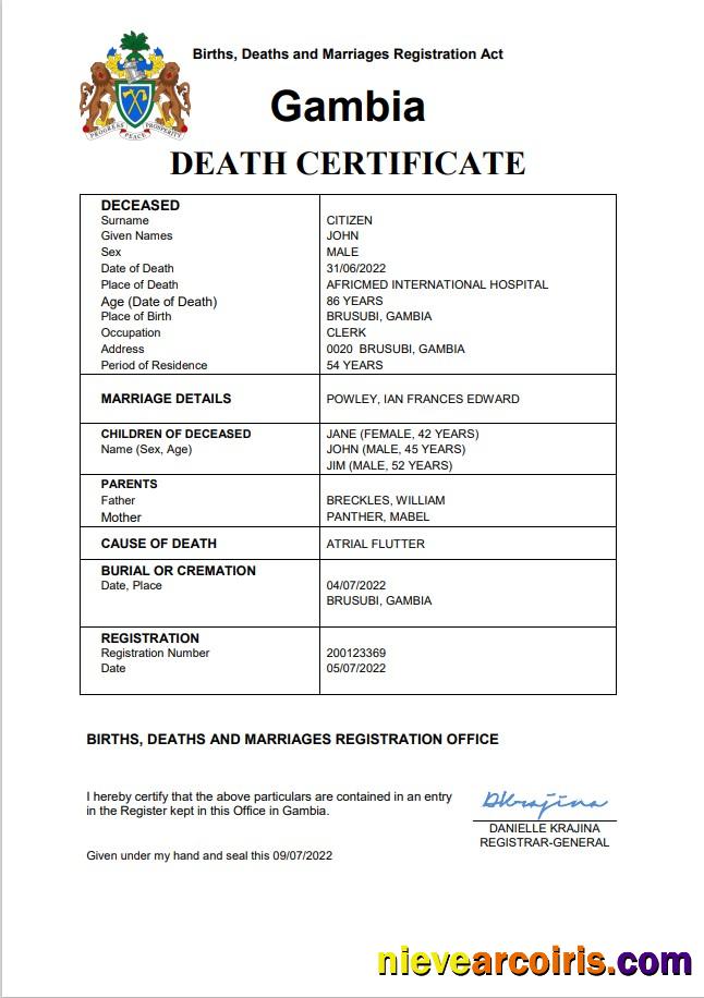 Gambia Vital Record Death Certificate Word And PDF Sample