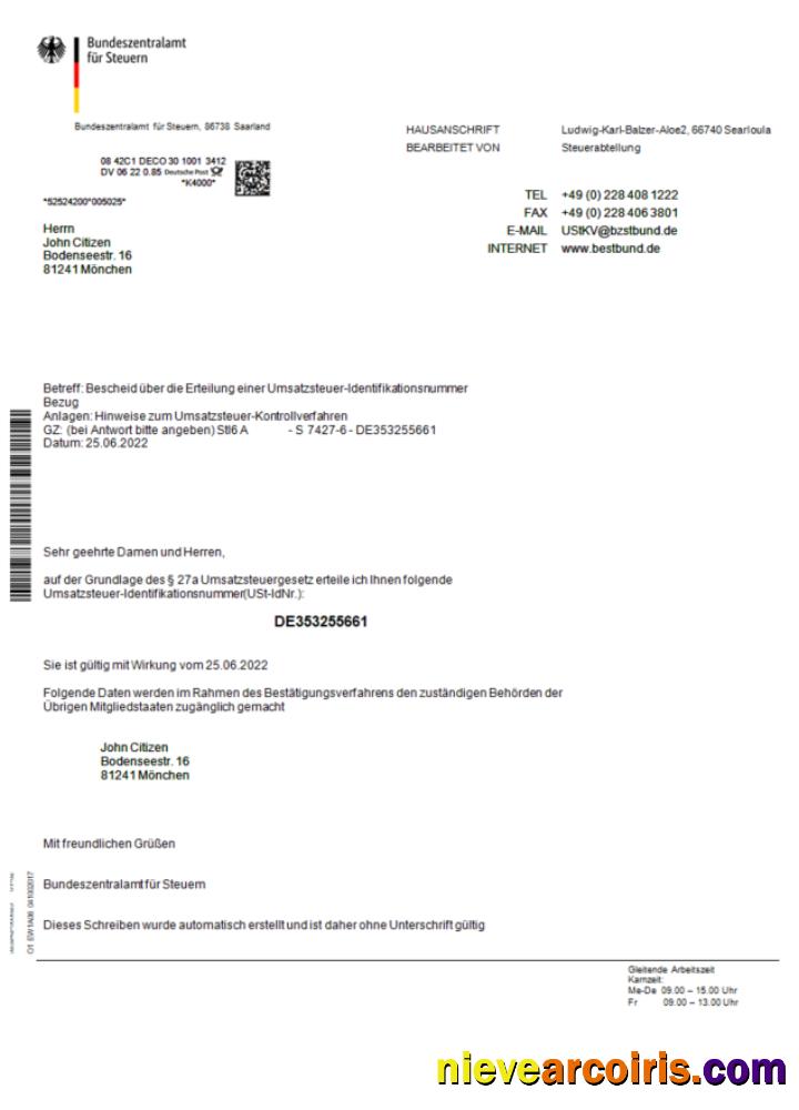 Professional Germany Bundeszentralamt Für Steuem Certificate Word And PDF Template