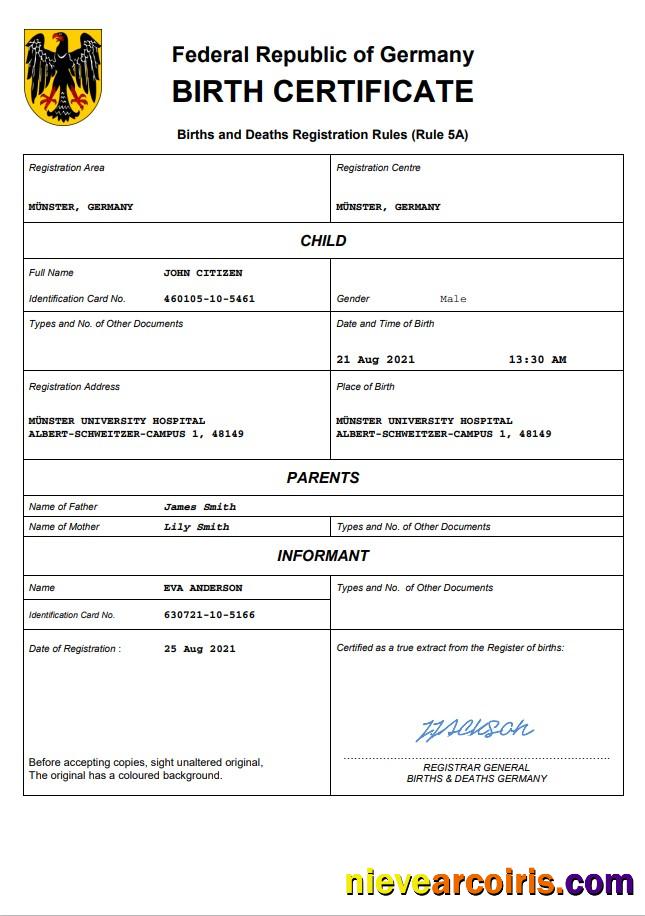 Editable Germany Birth Certificate Word And PDF Template