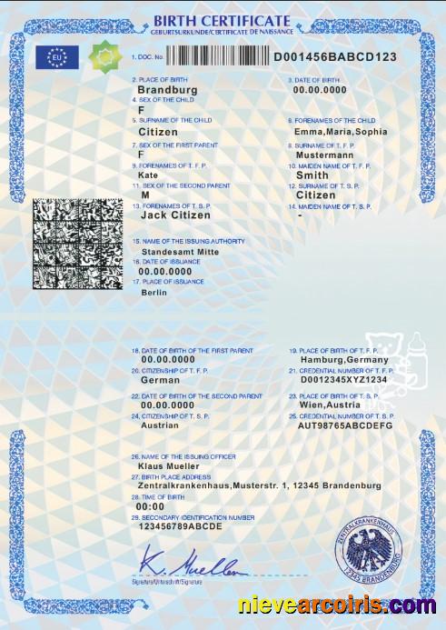 Realistic Germany Birth Certificate Template In PSD Format