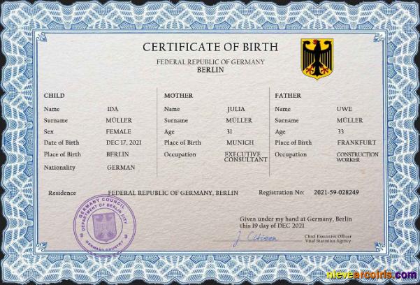Editable Germany Vital Record Birth Certificate PSD Template