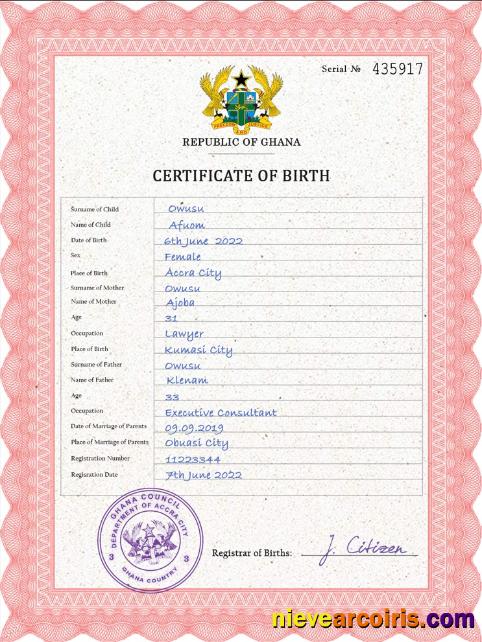 Editable Ghana Vital Record Birth Certificate PSD Template