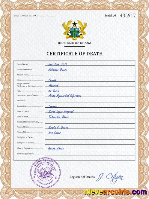 Premium Ghana Vital Record Death Certificate PSD Template