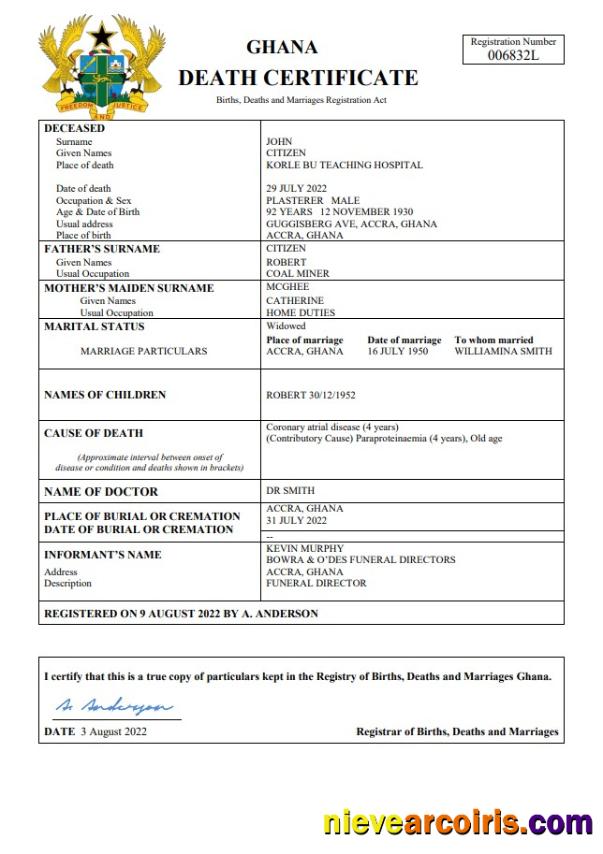 Professional Ghana Vital Record Death Certificate Word And PDF Template