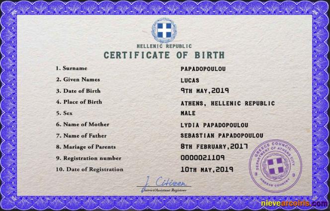 Realistic Greece Birth Certificate PSD Template