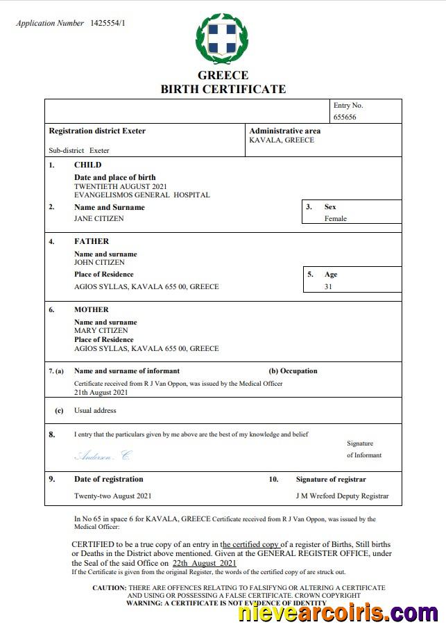 Professional Greece Birth Certificate Word And PDF Template