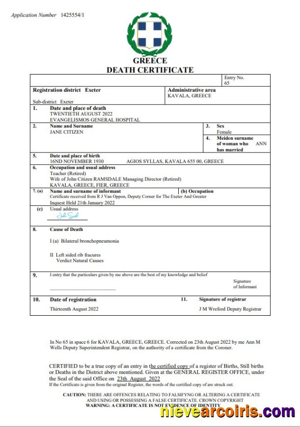 Realistic Greece Death Certificate Word And PDF Template