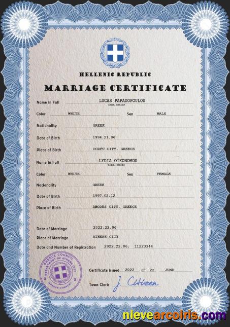 Editable Greece Marriage Certificate PSD Template