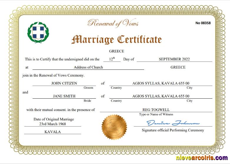 Professional Greece Marriage Certificate Word And PDF Template