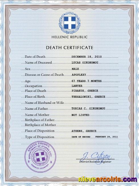 Realistic Greece Vital Record Death Certificate PSD Template