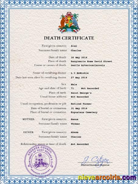 Premium Grenada Death Certificate PSD Template