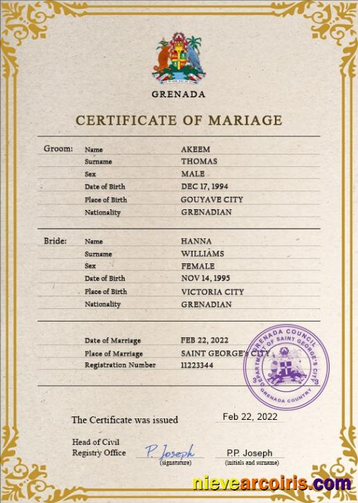 Professional Grenada Marriage Certificate PSD Template
