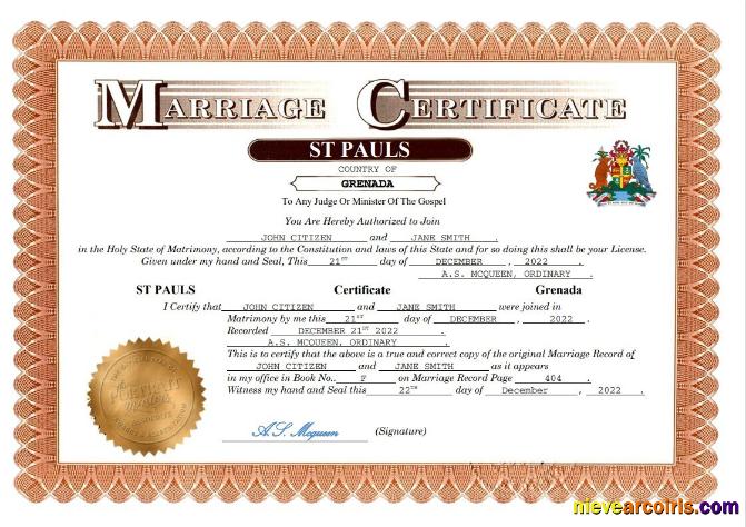 Realistic Grenada Marriage Certificate Word And PDF Template