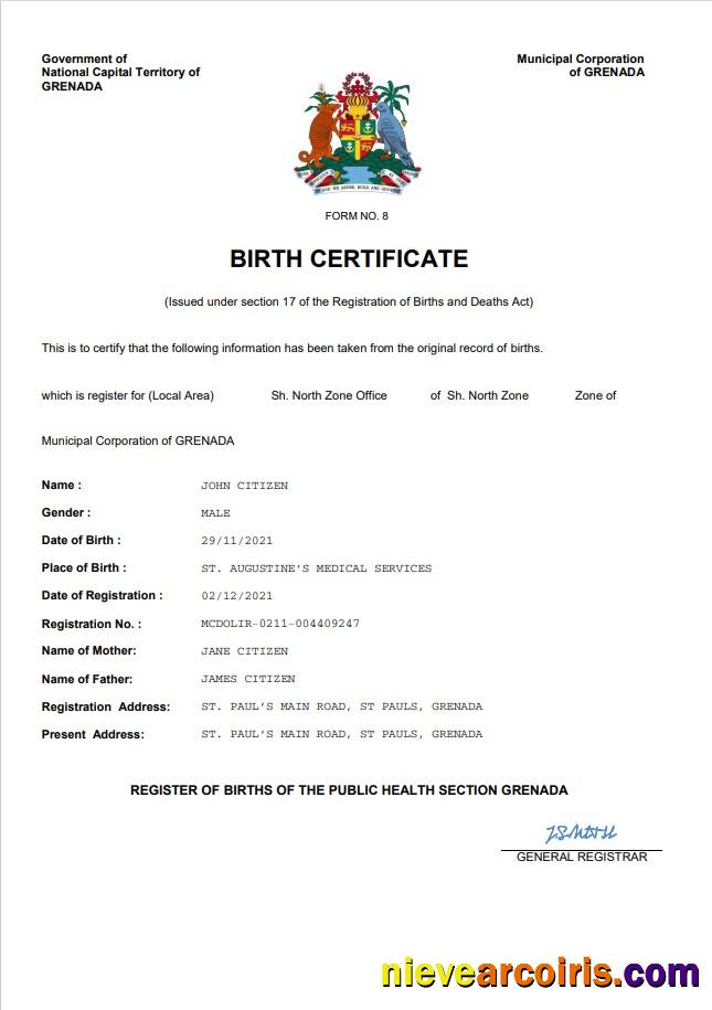 Editable Grenada Vital Record Birth Certificate Word And PDF Template