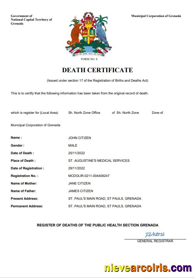 Editable Grenada Vital Record Death Certificate Word And PDF Template