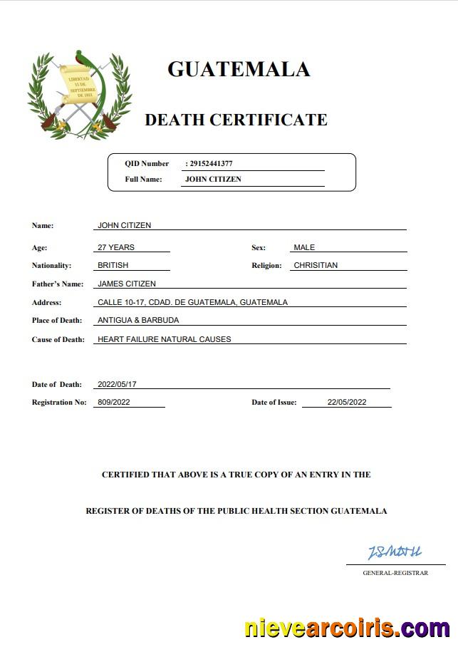 Professional Guatemala Death Certificate Word And PDF Template