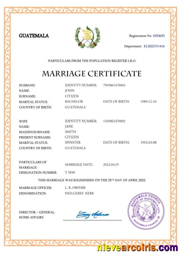 Realistic Guatemala Marriage Certificate Word And PDF Template