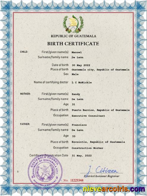 Realistic Guatemala Vital Record Birth Certificate PSD Template