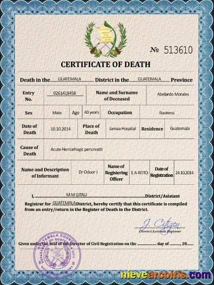 Premium Guatemala Vital Record Death Certificate PSD Template