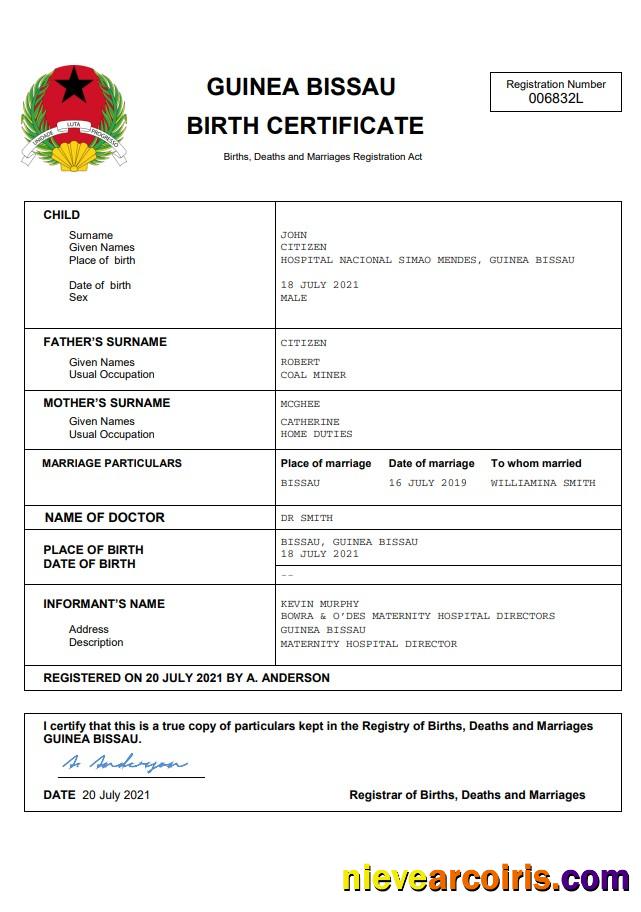 Guinea Bissau Birth Certificate Preview