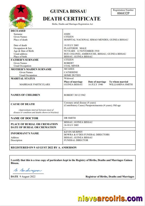 Guinea Bissau Death Certificate Template