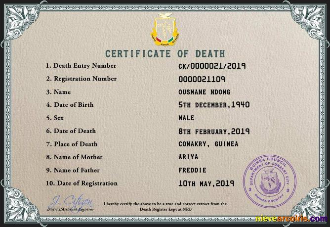 Editable Guinea Death Certificate PSD Template