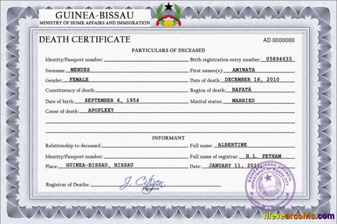 Professional Guinea Bissau Vital Record Death Certificate PSD Template
