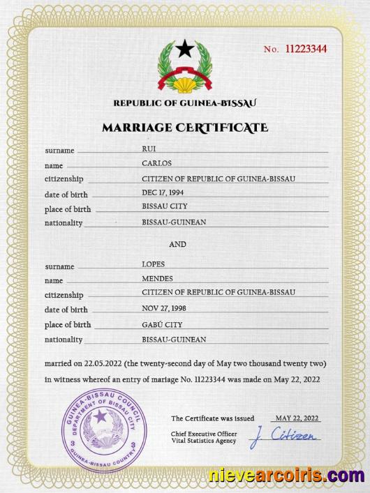 Editable Guniea Bissau Marriage Certificate PSD Template