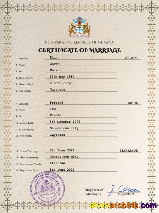 Professional Guyana Marriage Certificate PSD Template
