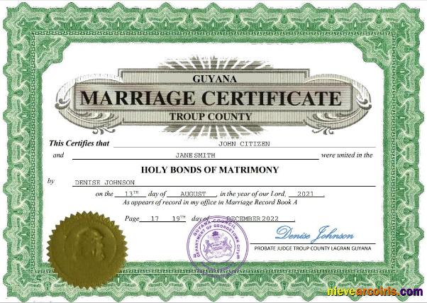 Guyana Marriage Certificate Word And PDF Sample