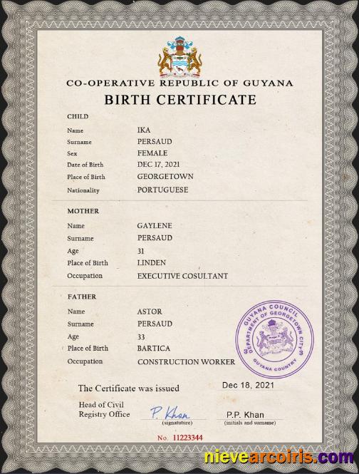 Premium Guyana Vital Record Birth Certificate PSD Template