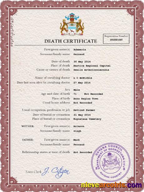 Editable Guyana Vital Record Death Certificate PSD Template